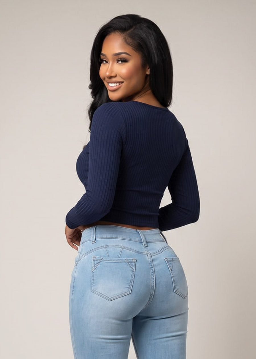 Long Sleeve Scoop Neck Ribbed Crop Top Navy, view 2 of 2