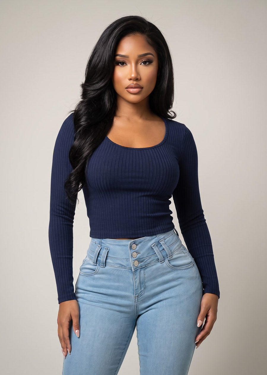 Long Sleeve Scoop Neck Ribbed Crop Top Navy, view 1 of 2