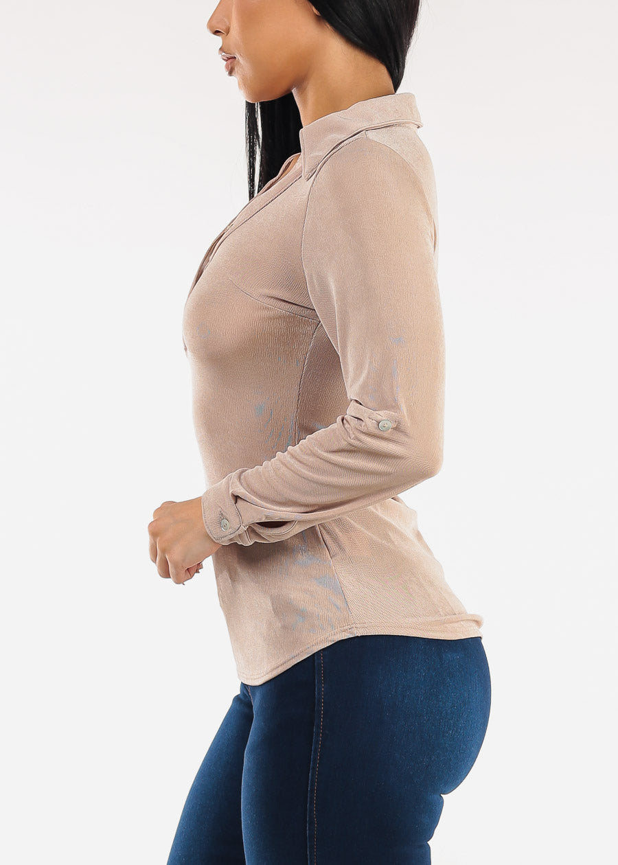 Stretchy Long Sleeve Half Button Up Blouse Beige