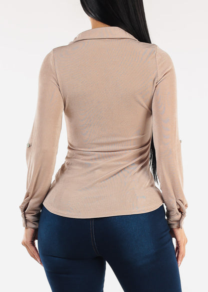 Stretchy Long Sleeve Half Button Up Blouse Beige