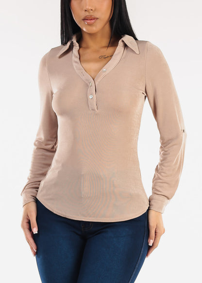Stretchy Long Sleeve Half Button Up Blouse Beige