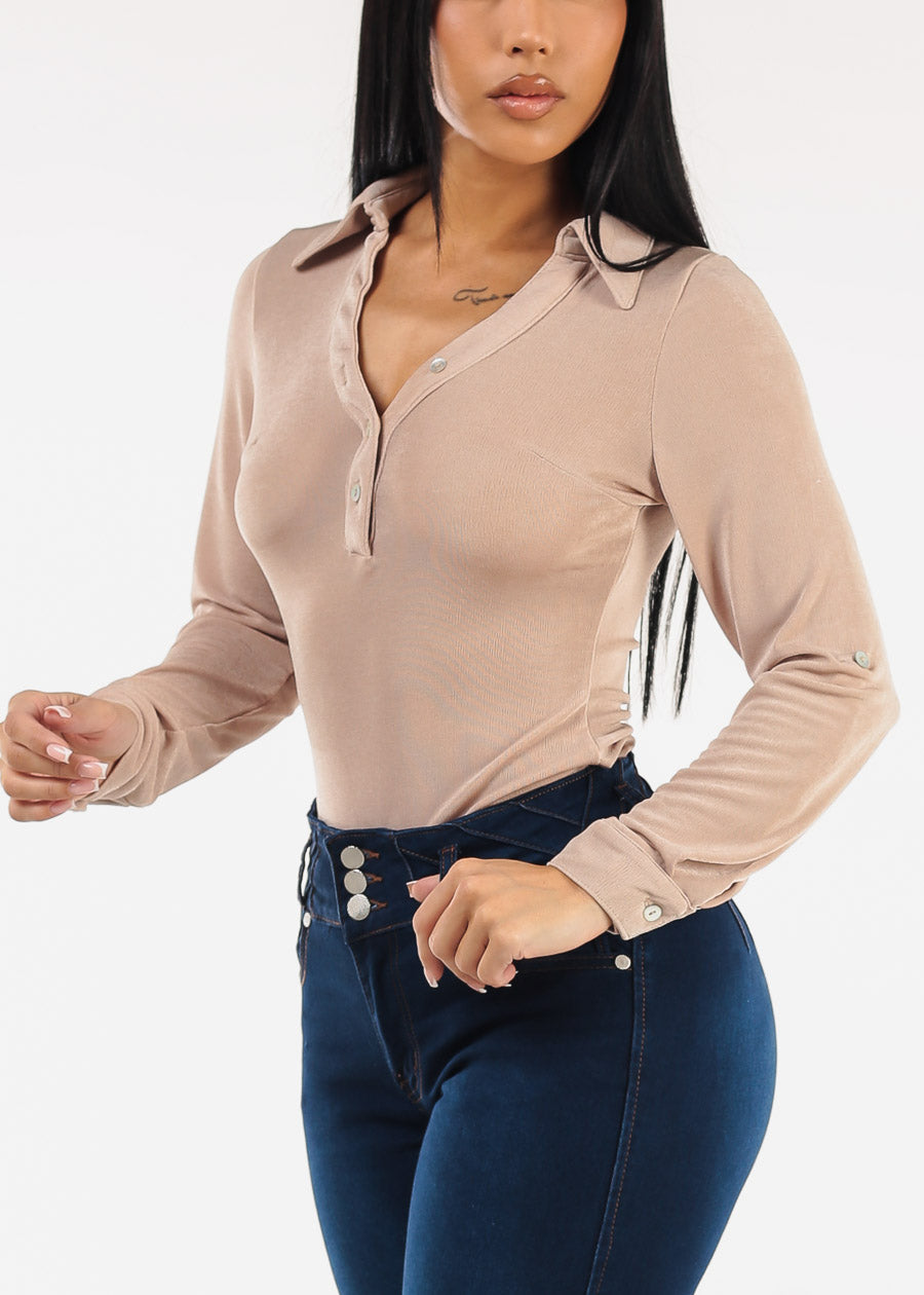 Stretchy Long Sleeve Half Button Up Blouse Beige