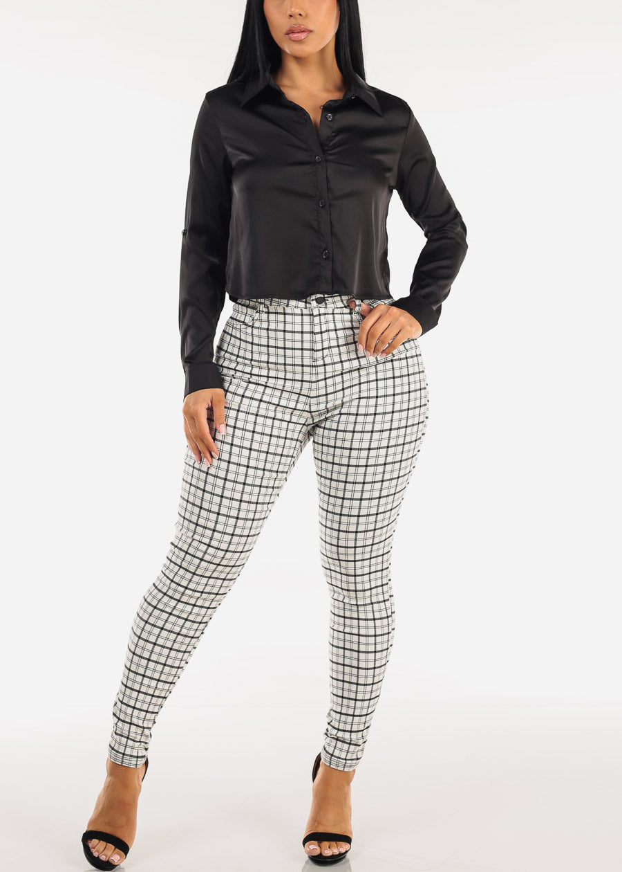 Satin Stretch Long Sleeve Cropped Collared Blouse Black