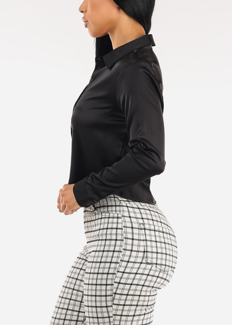 Satin Stretch Long Sleeve Cropped Collared Blouse Black