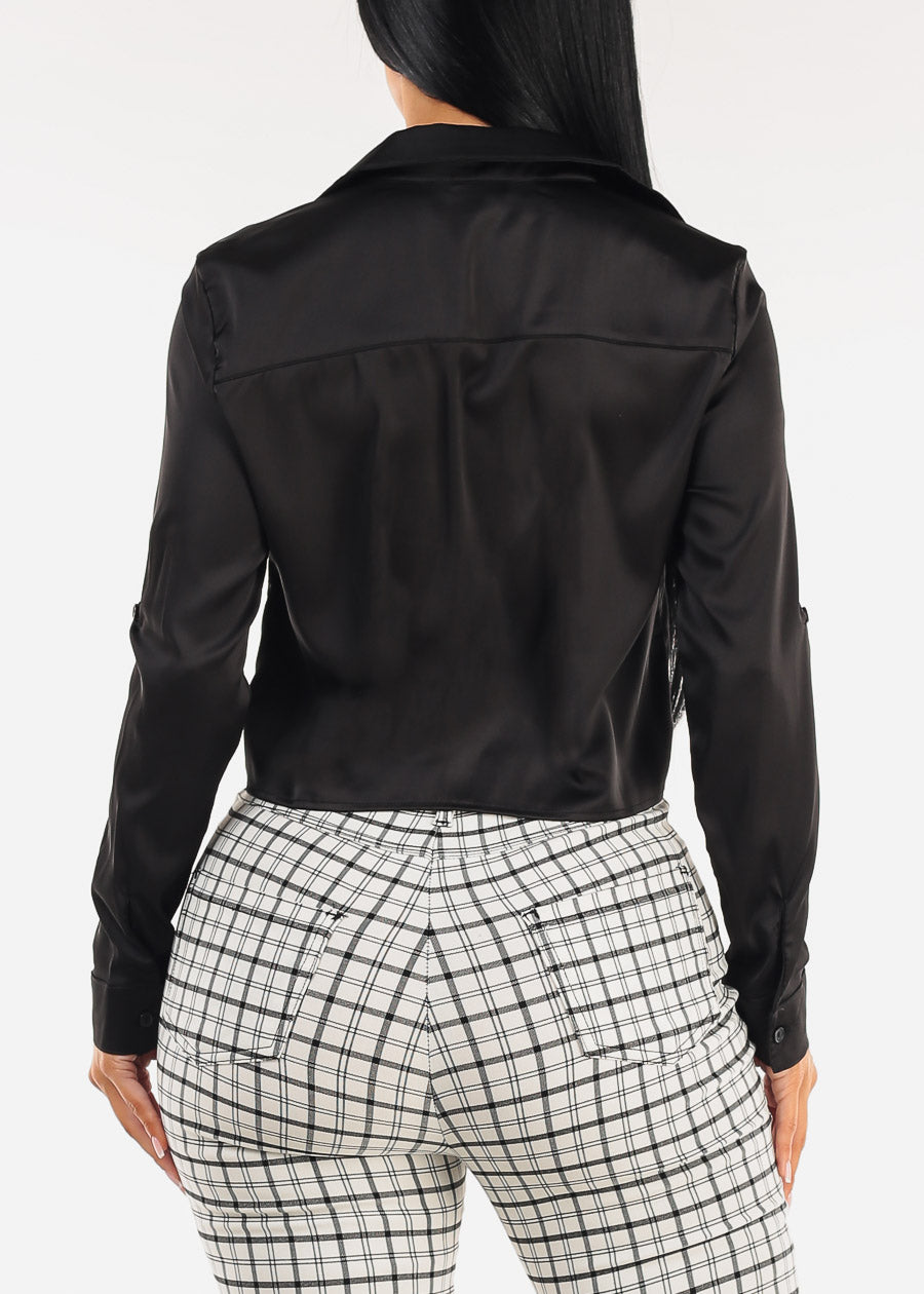 Satin Stretch Long Sleeve Cropped Collared Blouse Black
