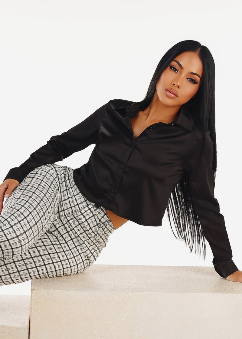 Satin Stretch Long Sleeve Cropped Collared Blouse Black