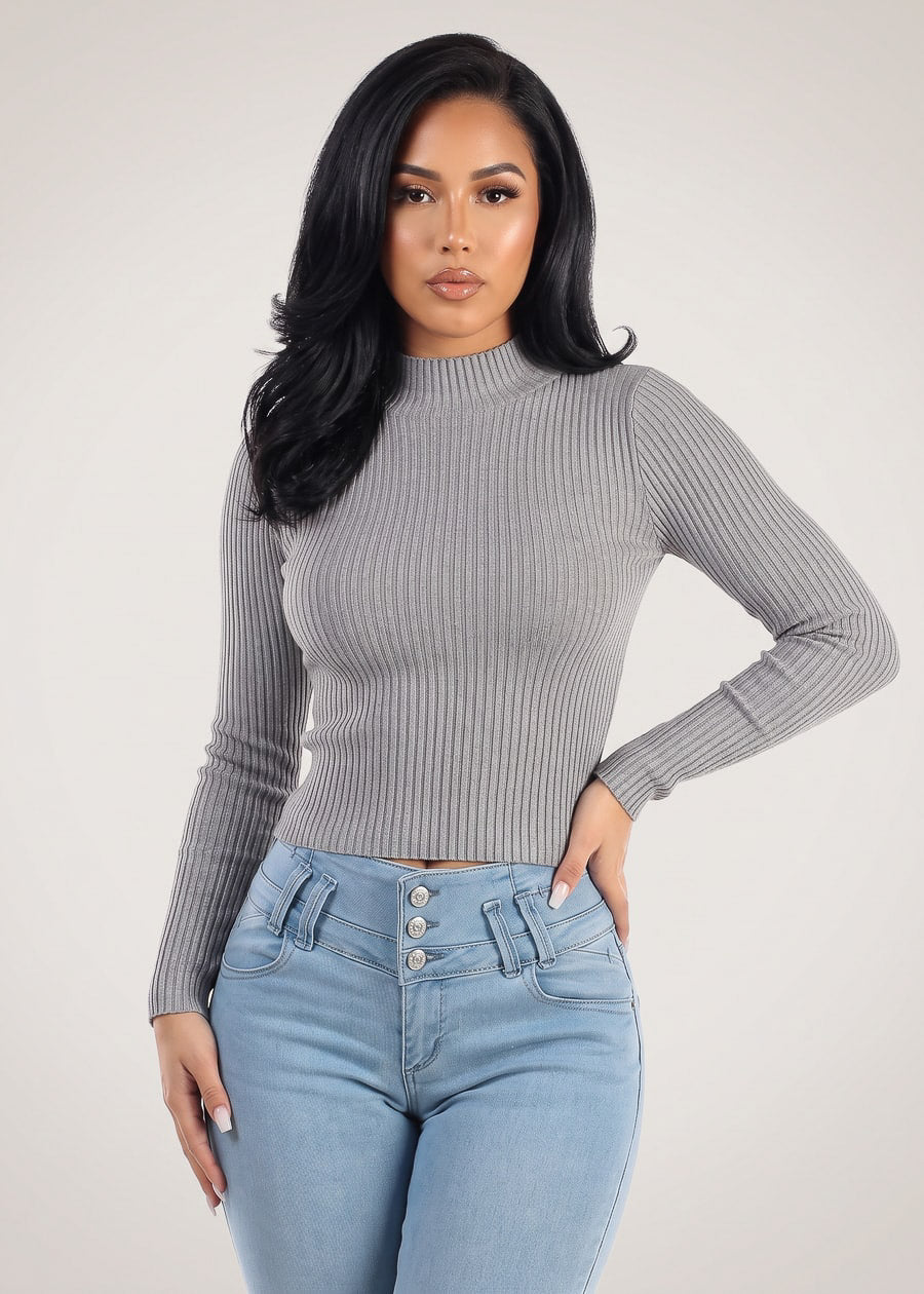 Long Sleeve Mock Neck Ribbed Sweater Grey, view 1 of 2