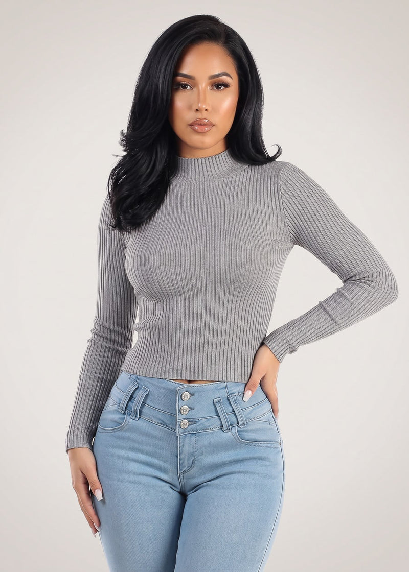 Long Sleeve Mock Neck Ribbed Sweater Grey