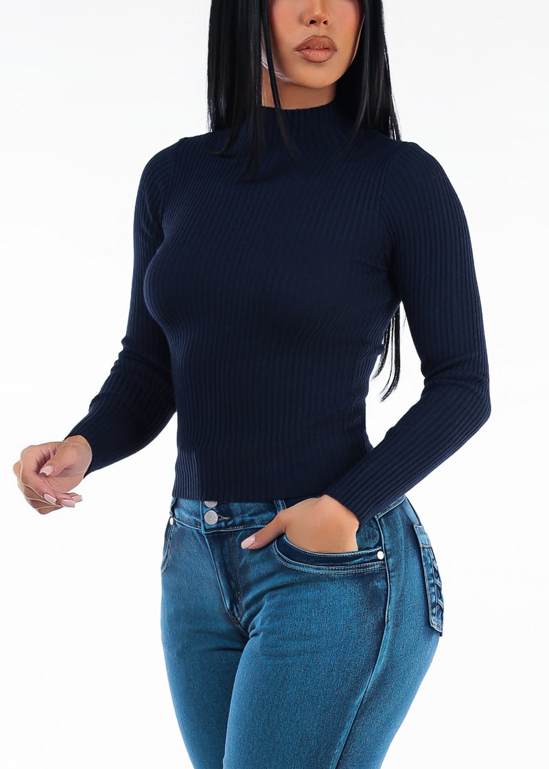 Long Sleeve Mock Neck Ribbed Sweater Navy