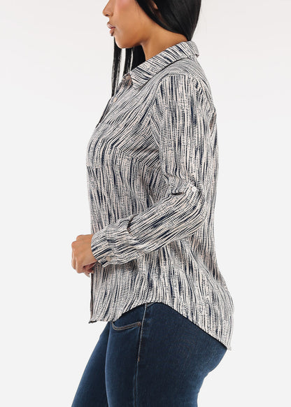 Long Sleeve Button Down Printed Collared Blouse Navy