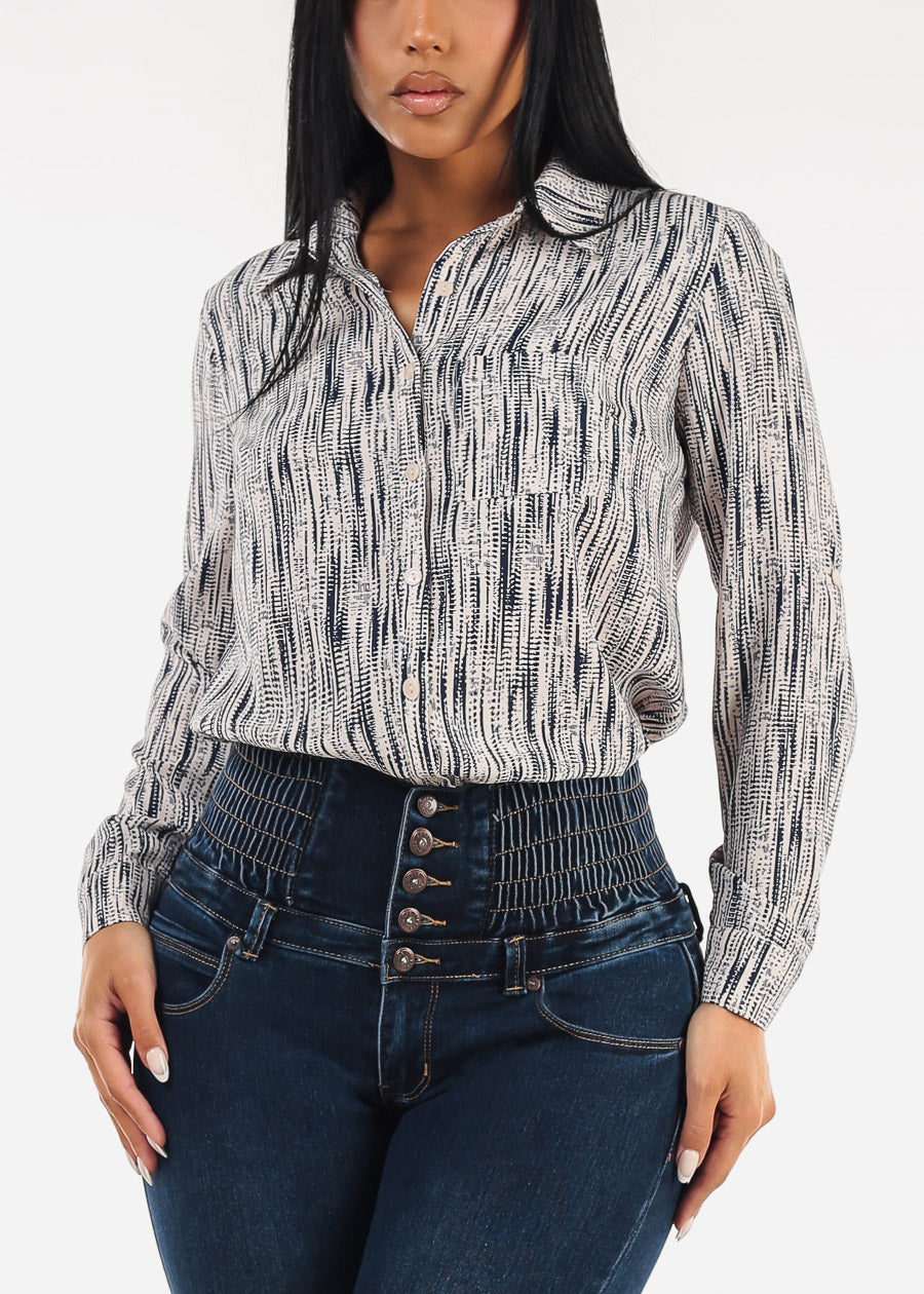 Long Sleeve Button Down Printed Collared Blouse Navy