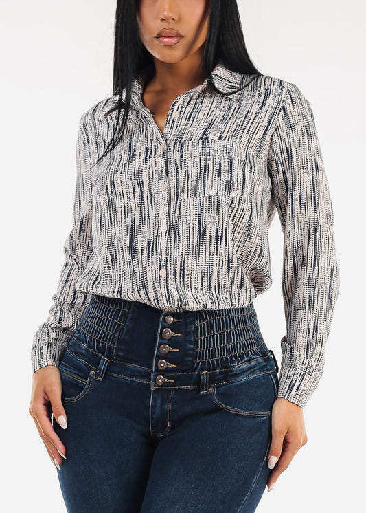 Long Sleeve Button Down Printed Collared Blouse Navy