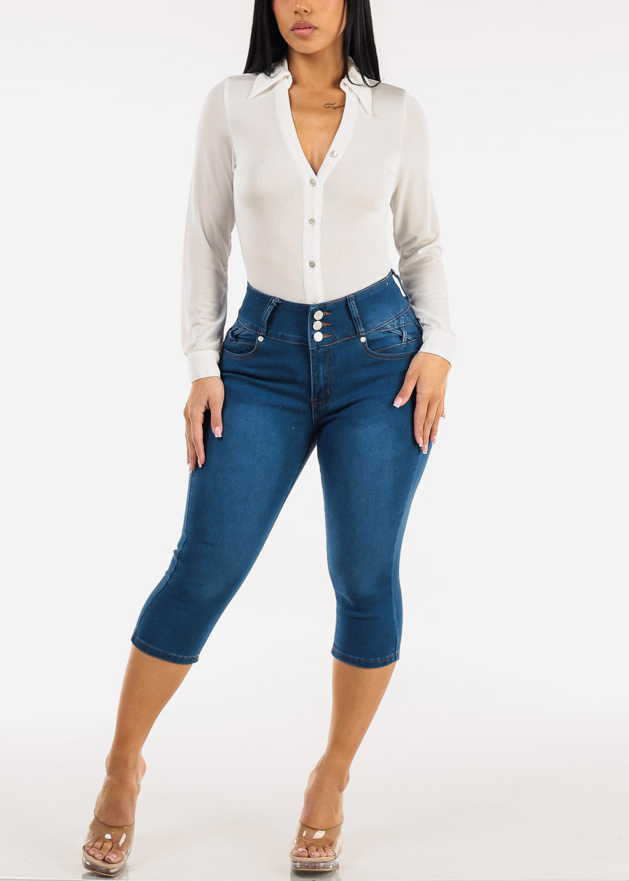Stretch Long Sleeve Button Down Collared Blouse Ivory