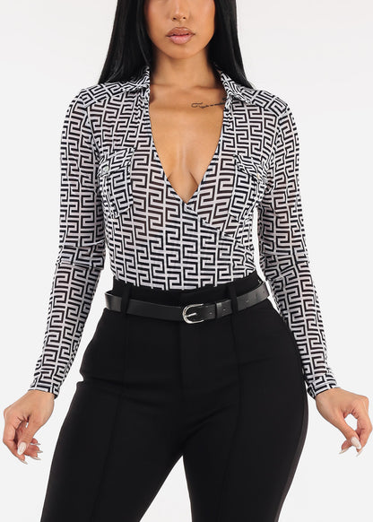 Long Sleeve Surplice Printed Mesh Bodysuit Navy