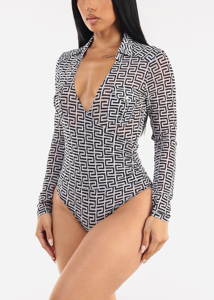 Long Sleeve Surplice Printed Mesh Bodysuit Navy