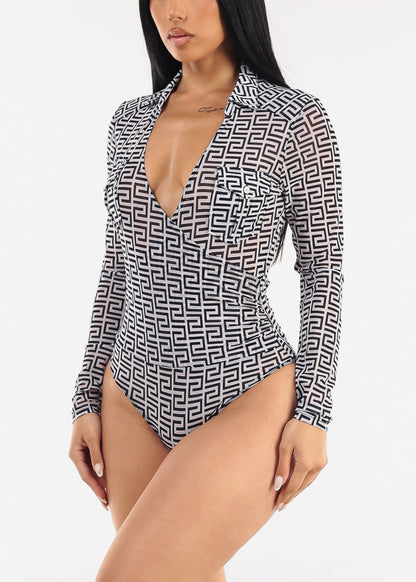 Long Sleeve Surplice Printed Mesh Bodysuit Navy
