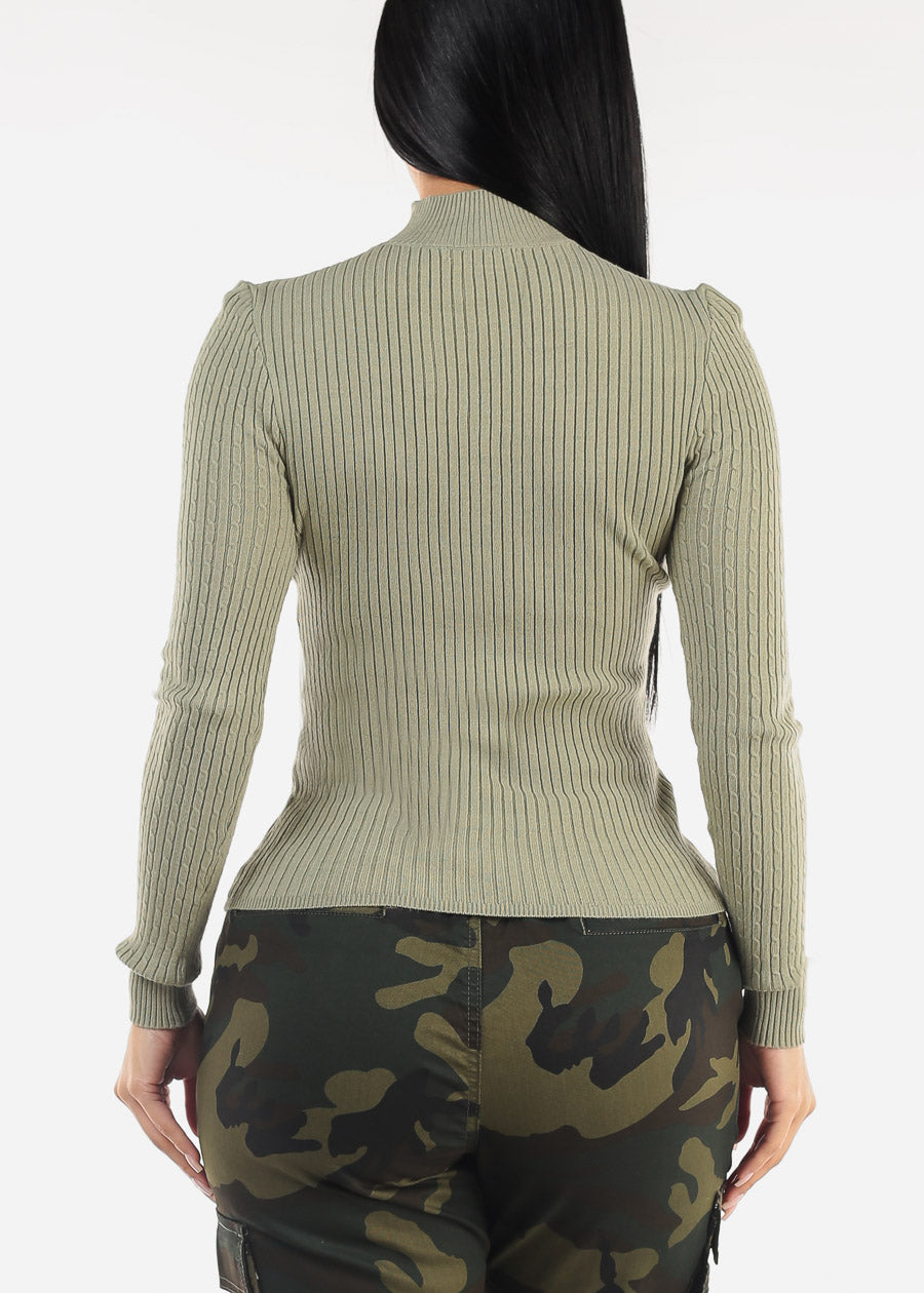 Long Sleeve Mock Neck Ribbed Sweater Sage