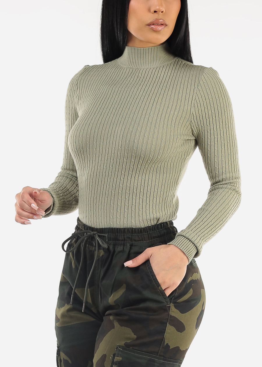 Long Sleeve Mock Neck Ribbed Sweater Sage