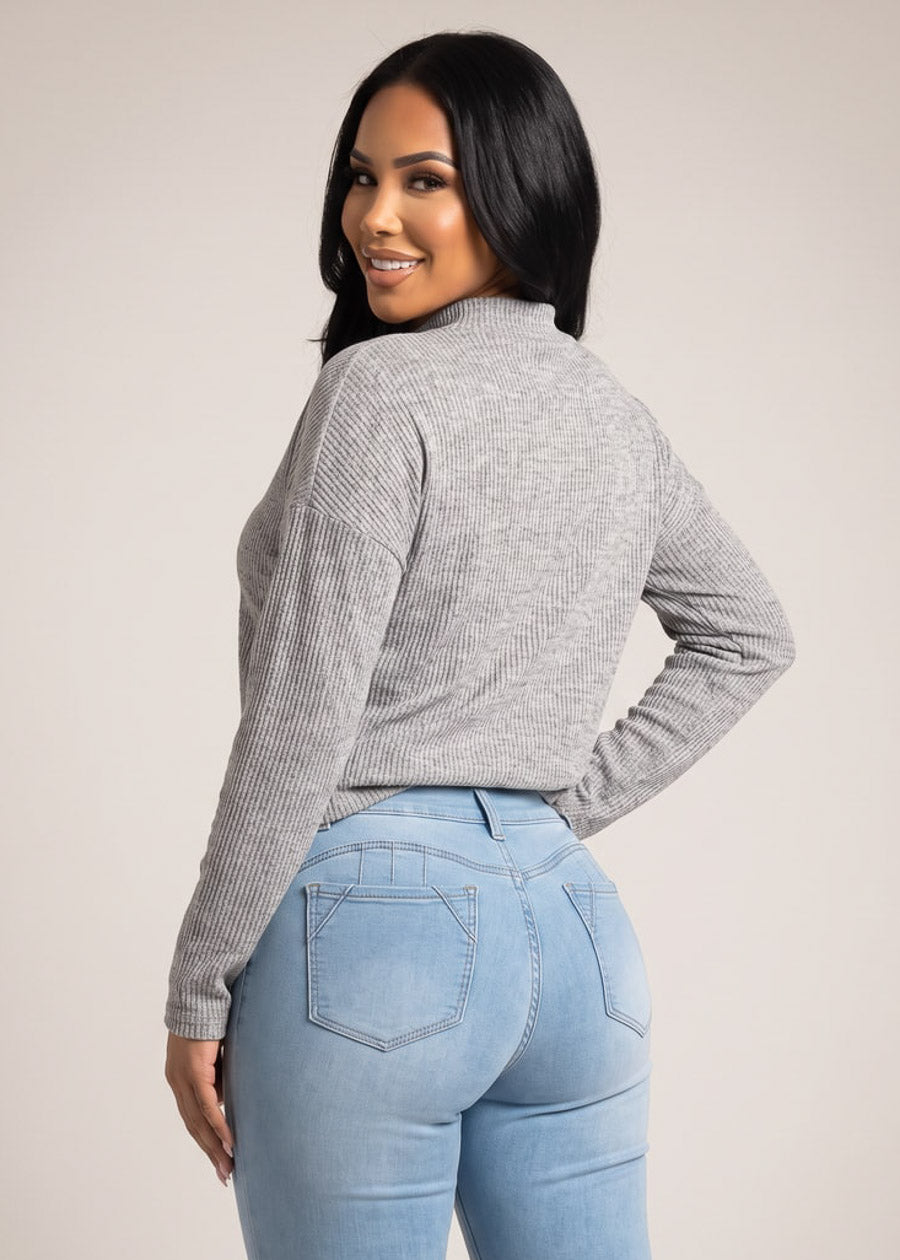 Mock Neck Long Sleeve Hacci Ribbed Sweater Top Heather Grey, view 2 of 2