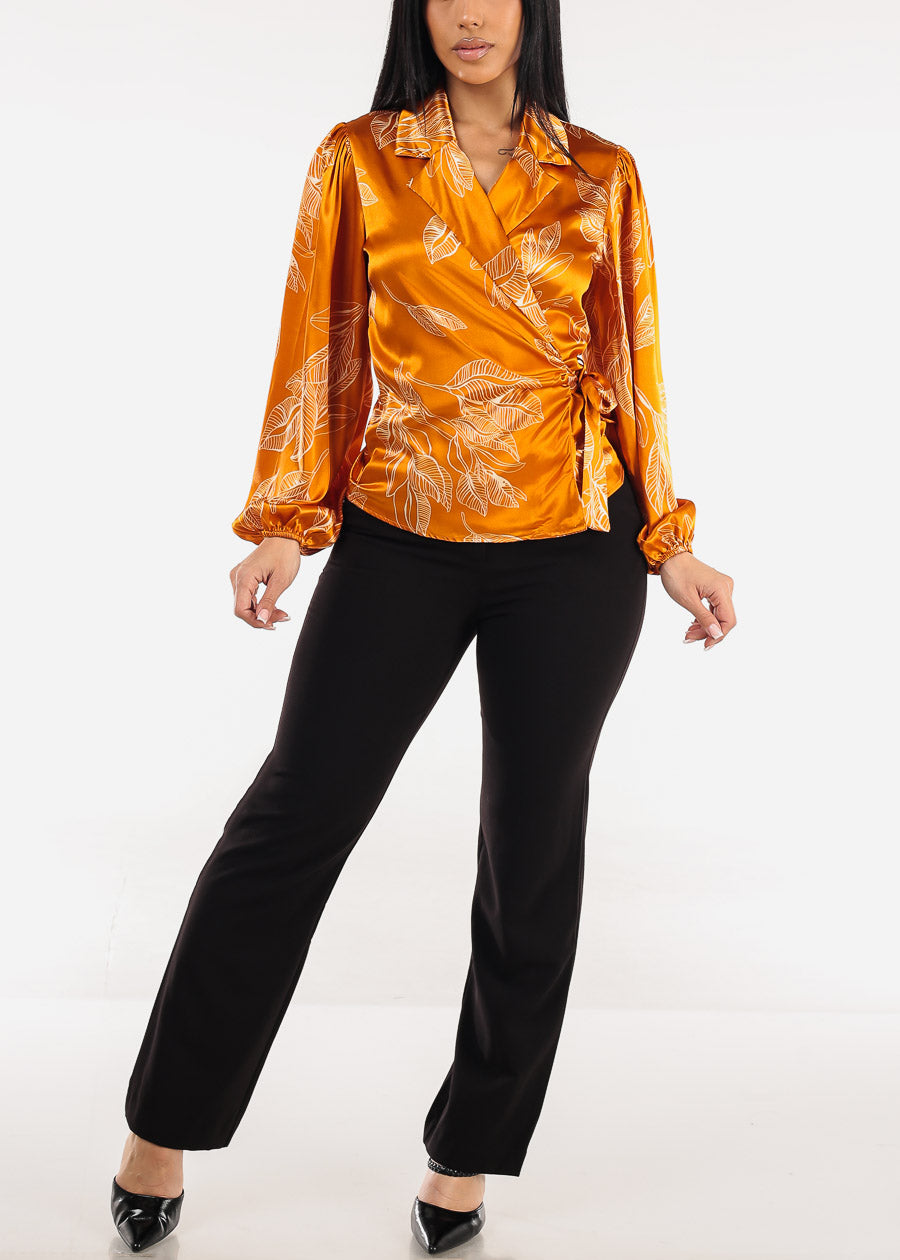Wrap Front Satin Floral Blouse Mustard