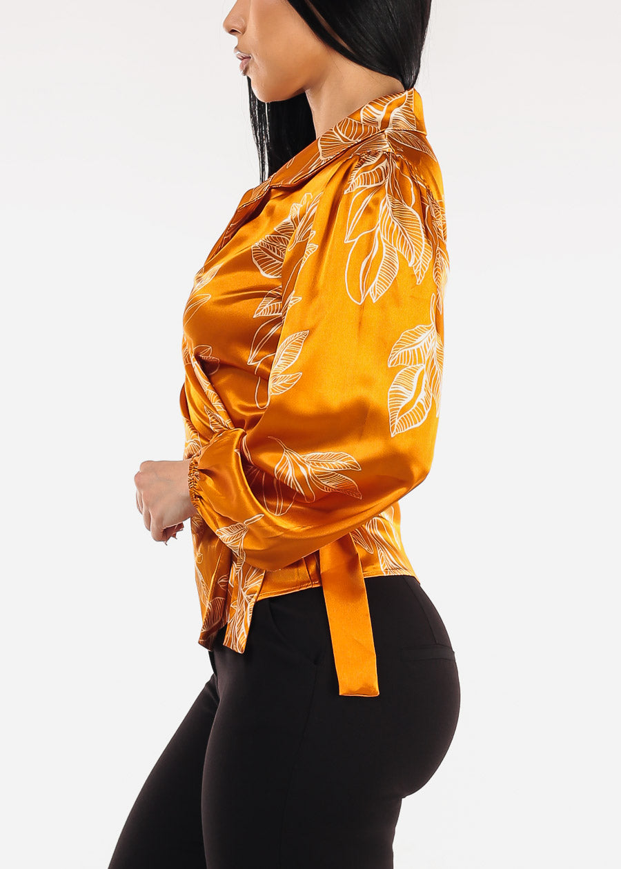 Wrap Front Satin Floral Blouse Mustard
