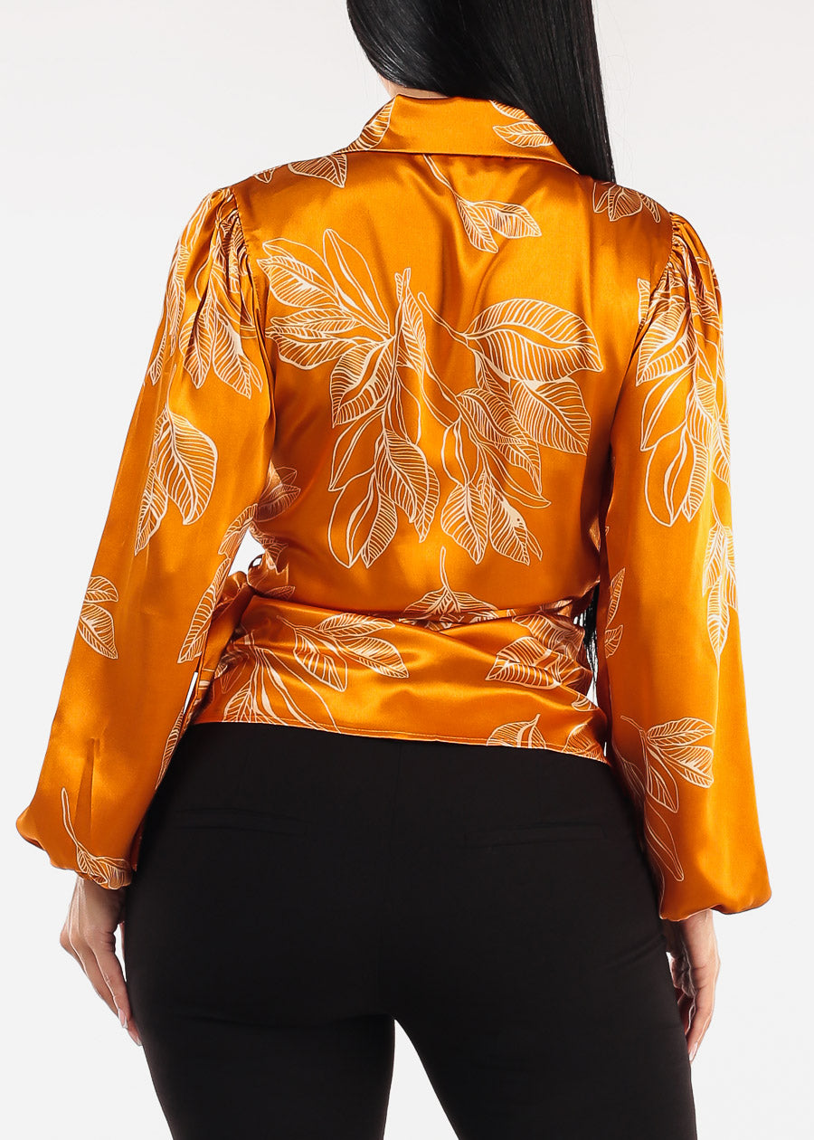 Wrap Front Satin Floral Blouse Mustard