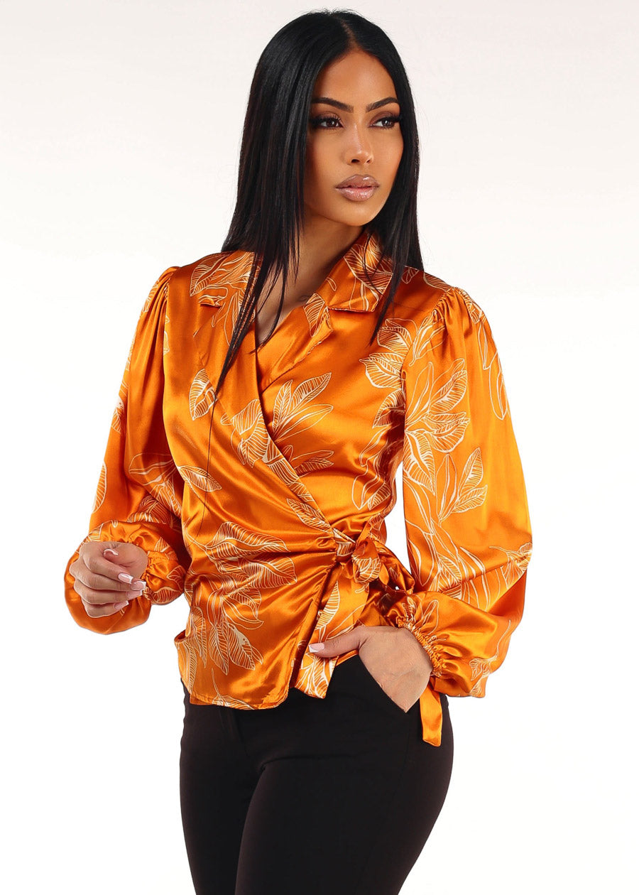 Wrap Front Satin Floral Blouse Mustard