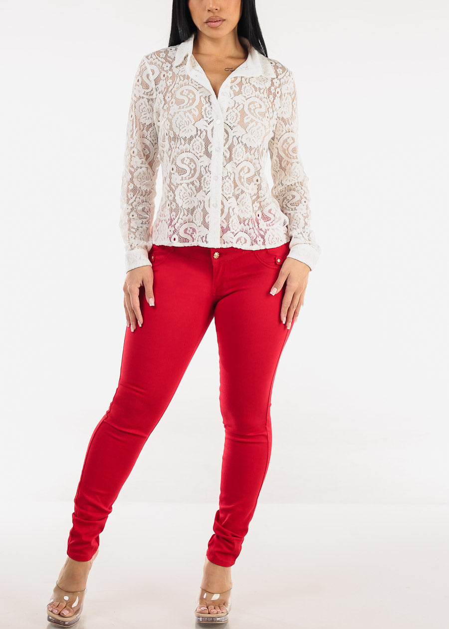 Long Sleeve Button Up Lace Collared Blouse White
