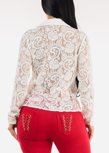 Long Sleeve Button Up Lace Collared Blouse White