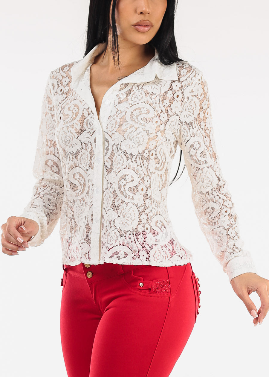 Long Sleeve Button Up Lace Collared Blouse White