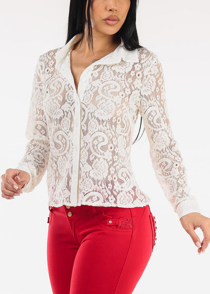 Long Sleeve Button Up Lace Collared Blouse White