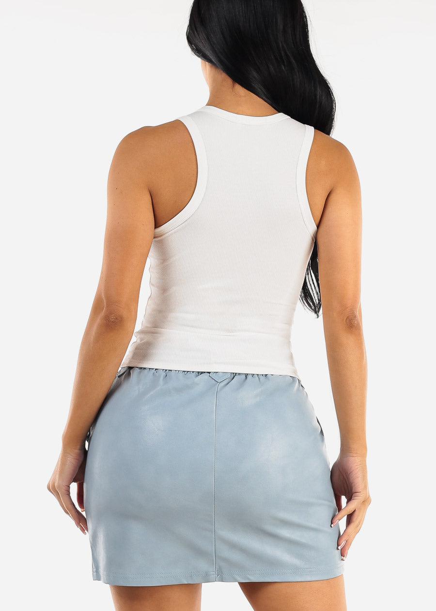 Sleeveless White Crewneck Ribbed Crop Top