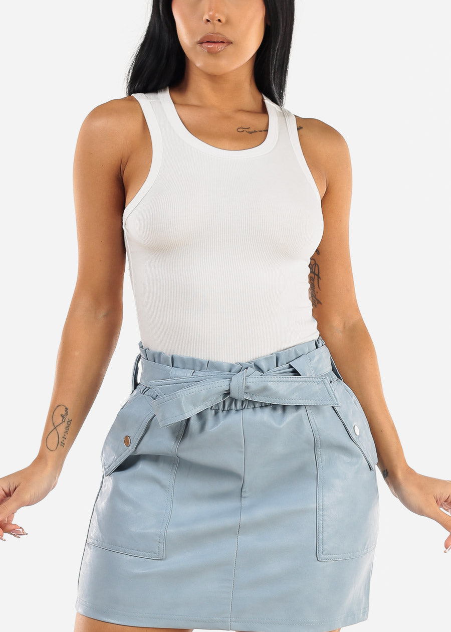 Sleeveless White Crewneck Ribbed Crop Top