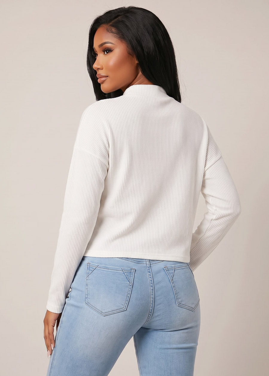 Mock Neck Long Sleeve Hacci Ribbed Sweater Top Off White, view 2 of 2