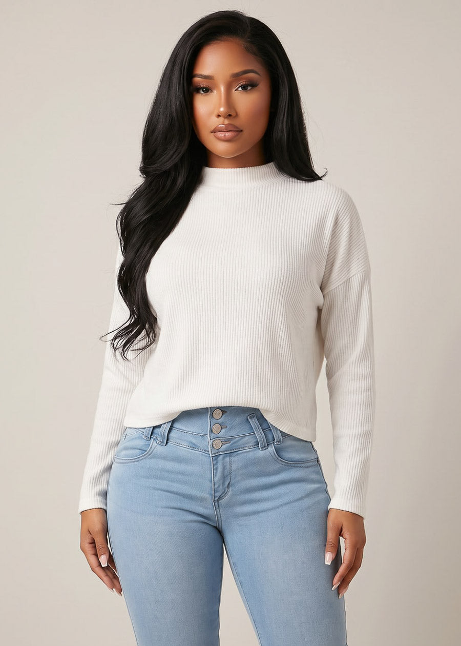 Mock Neck Long Sleeve Hacci Ribbed Sweater Top Off White, view 1 of 2