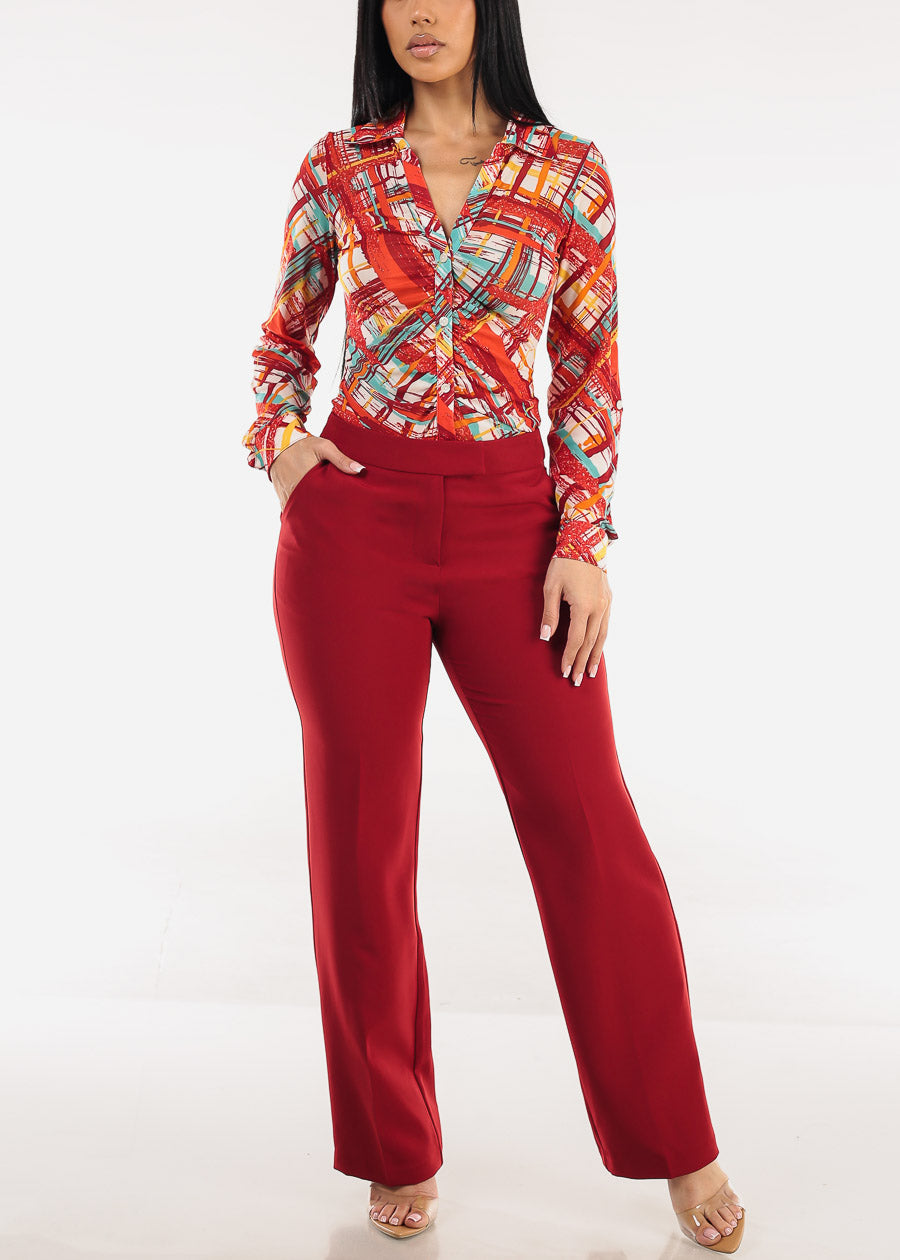 Ruched Long Sleeve Button Up Printed Mesh Blouse Red