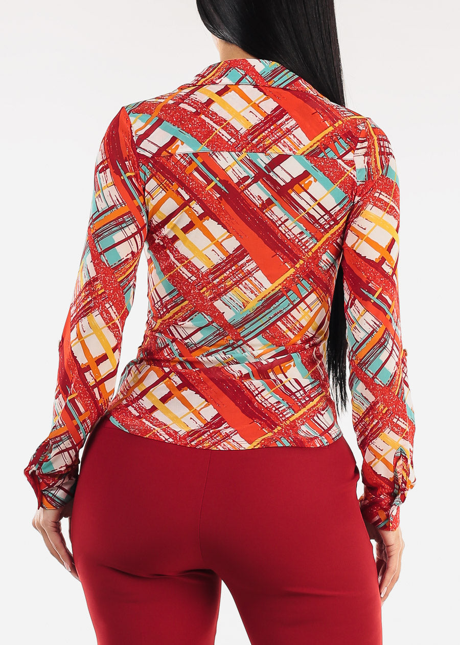 Ruched Long Sleeve Button Up Printed Mesh Blouse Red