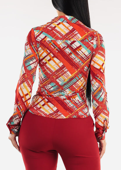 Ruched Long Sleeve Button Up Printed Mesh Blouse Red