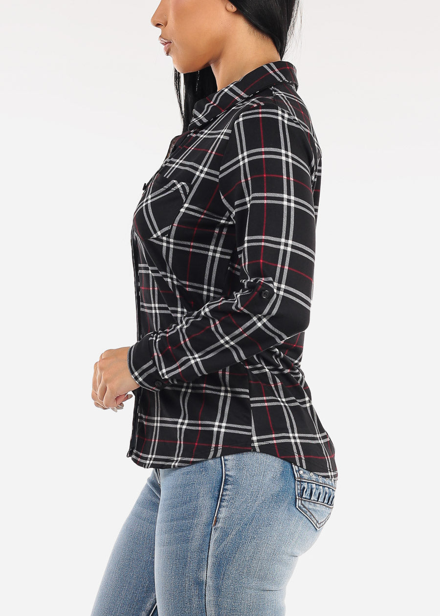 Stretch Long Sleeve Plaid Button Up Collared Blouse Black