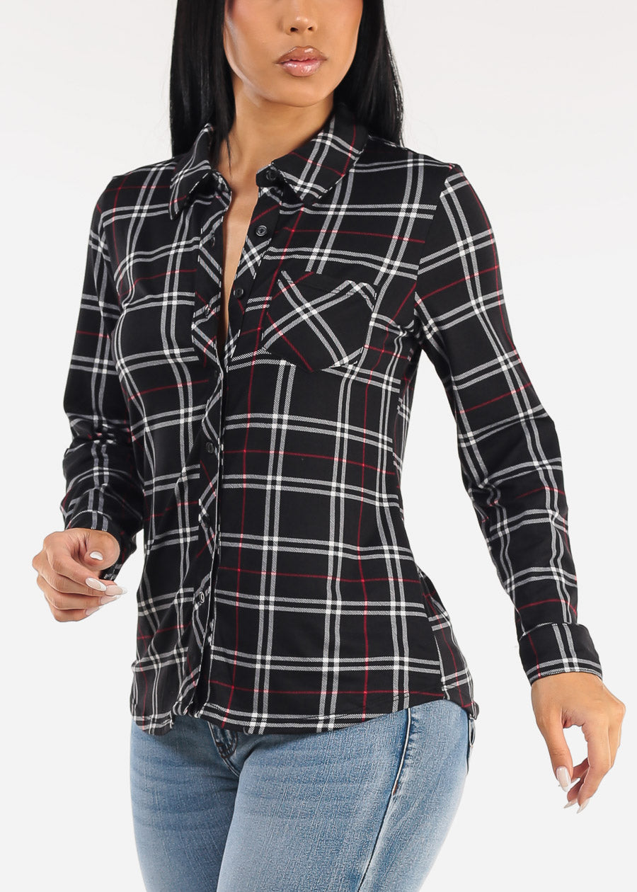Stretch Long Sleeve Plaid Button Up Collared Blouse Black
