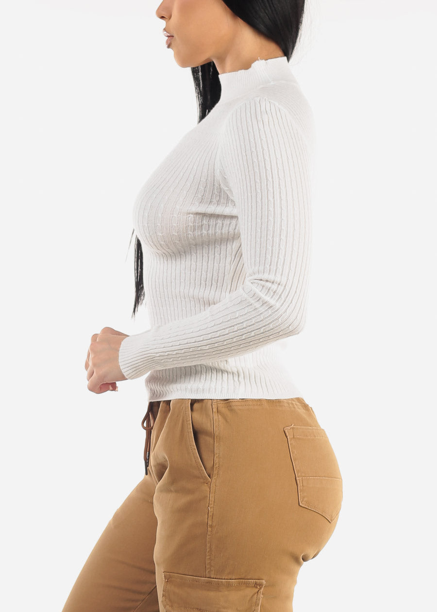 White Long Sleeve Mock Neck Ribbed Sweater