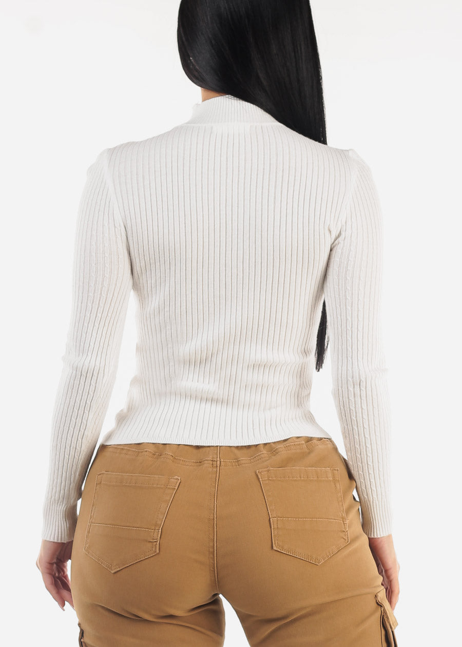 White Long Sleeve Mock Neck Ribbed Sweater