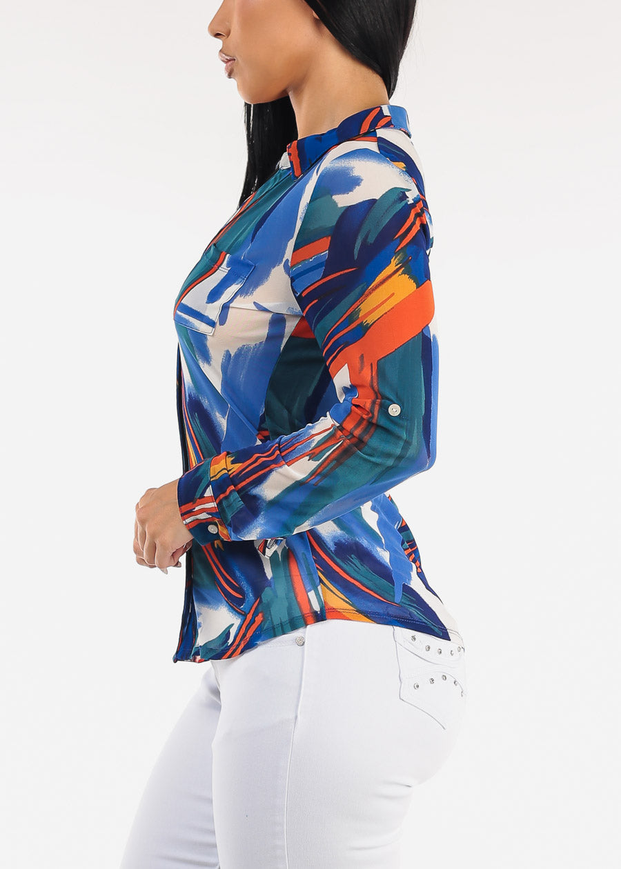 Stretch Long Sleeve Button Up Mesh Blouse Multi Abstract Print