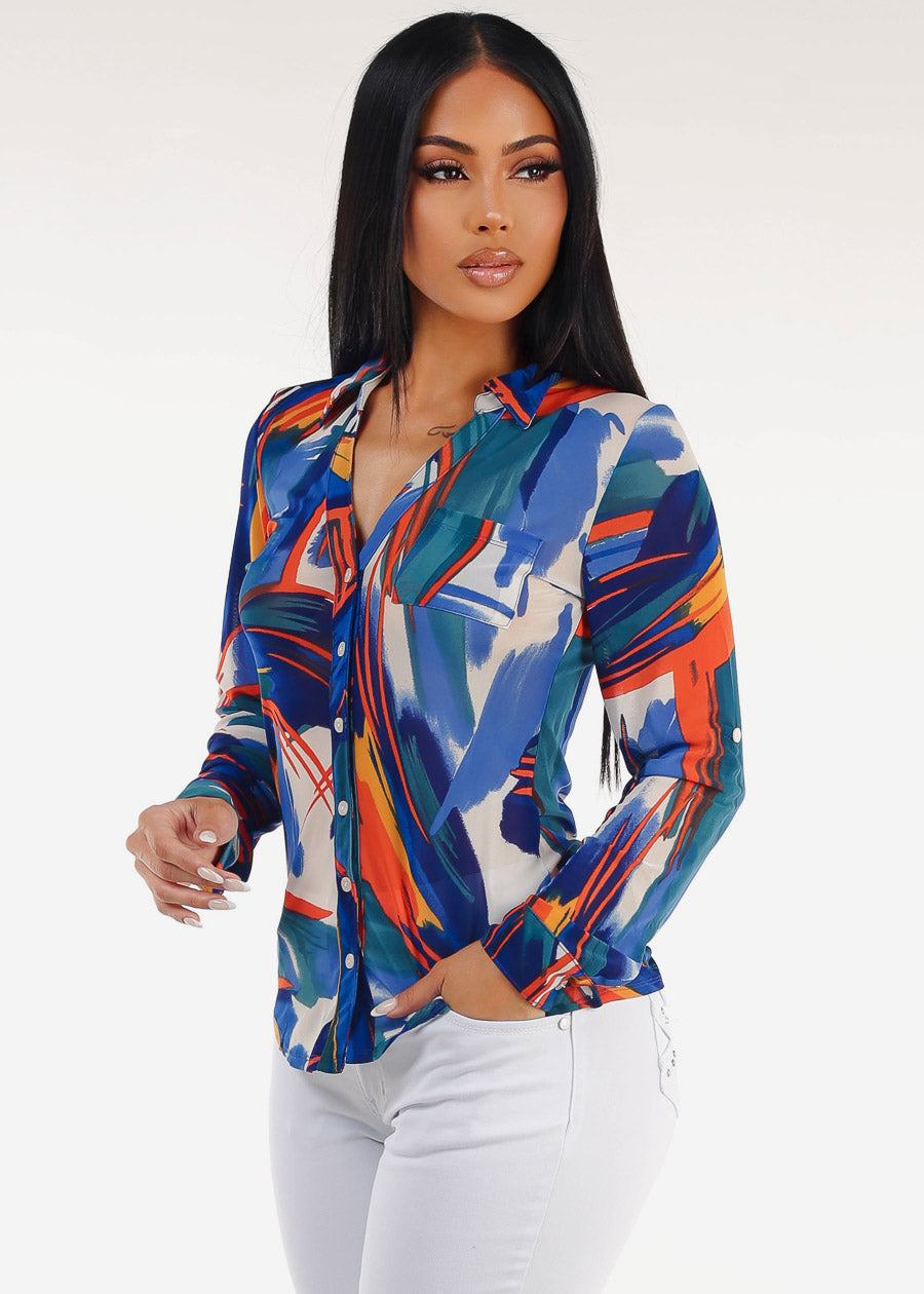 Stretch Long Sleeve Button Up Mesh Blouse Multi Abstract Print