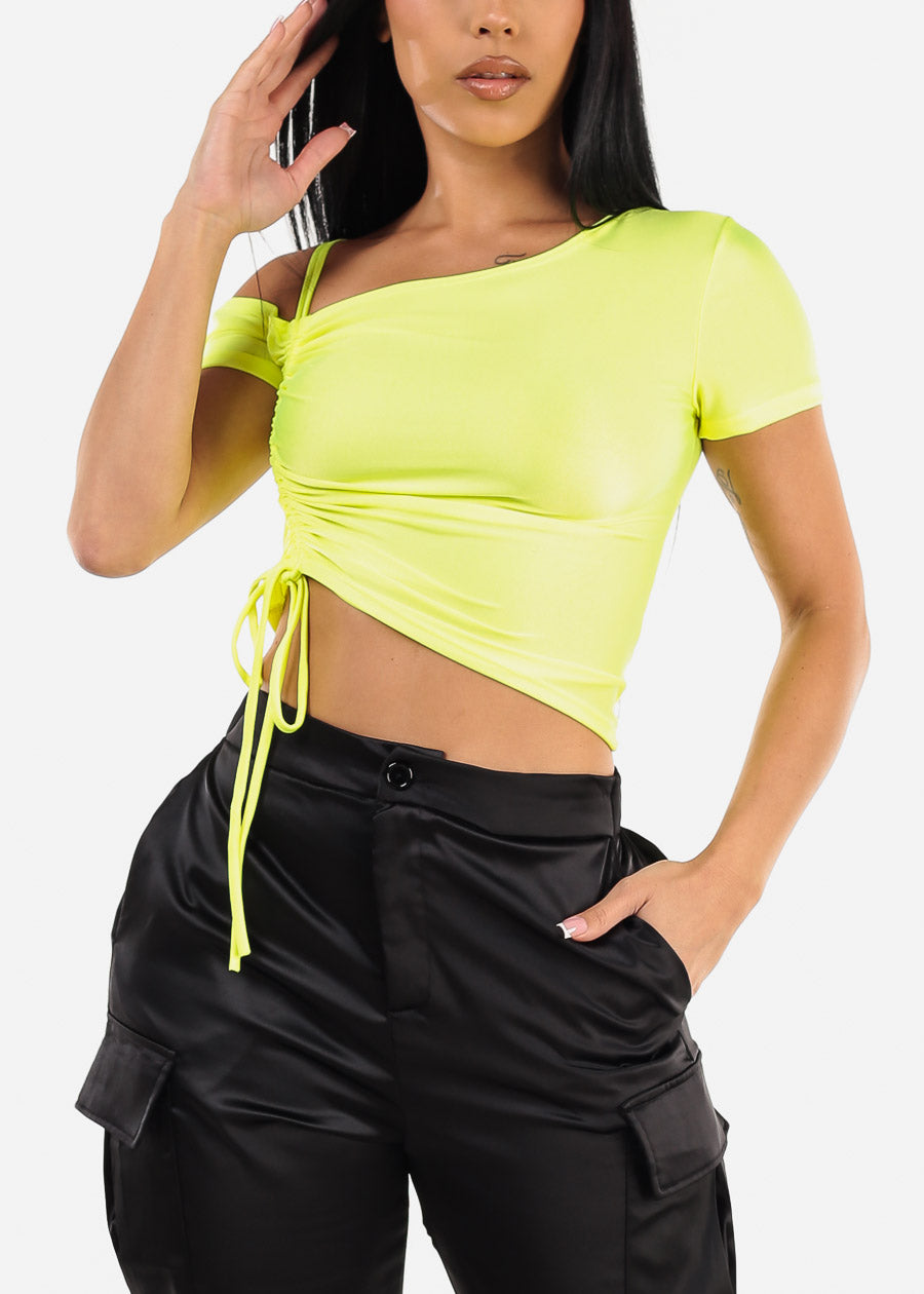 Cold Shoulder Ruched Top Neon Lime