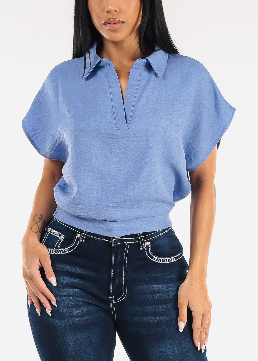 Short Sleeve Collared Linen Style Blouse Blue