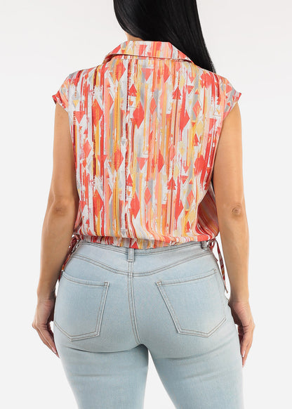 Drawstring Bubble Hem Abstract Button up Shirt Orange
