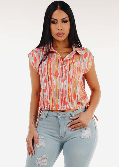 Drawstring Bubble Hem Abstract Button up Shirt Orange