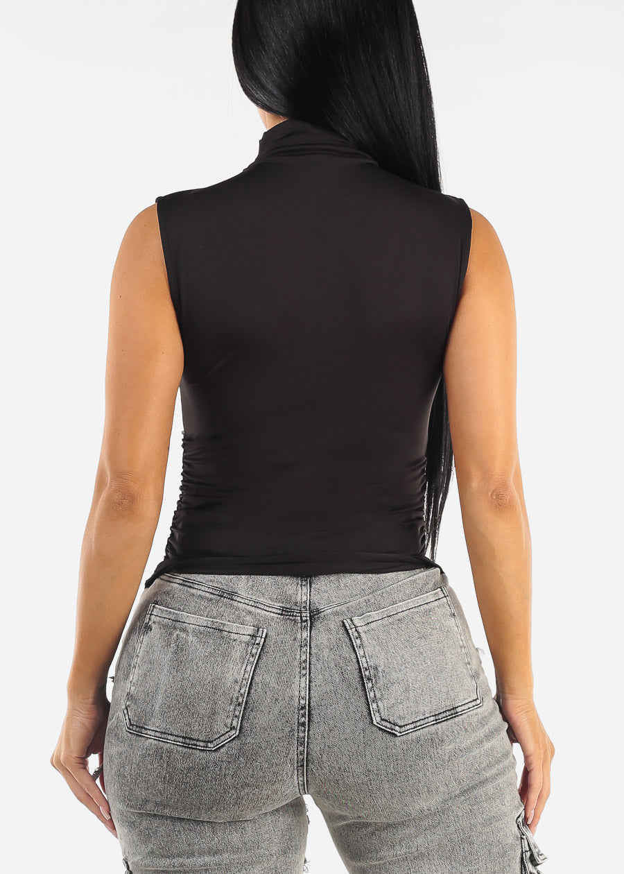 Sleeveless High Neck Black Blouse w Ruched Sides