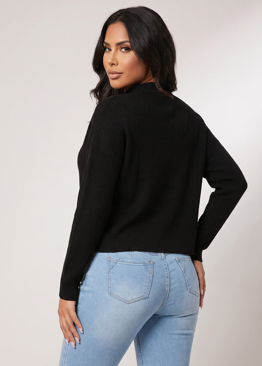 Mock Neck Long Sleeve Hacci Ribbed Sweater Top Black, view 2 of 2